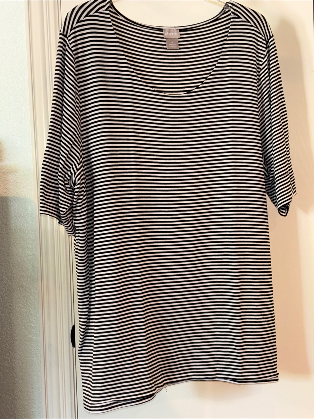 Chico's Black and White Striped Short Sleeve Scoop Neck Tee